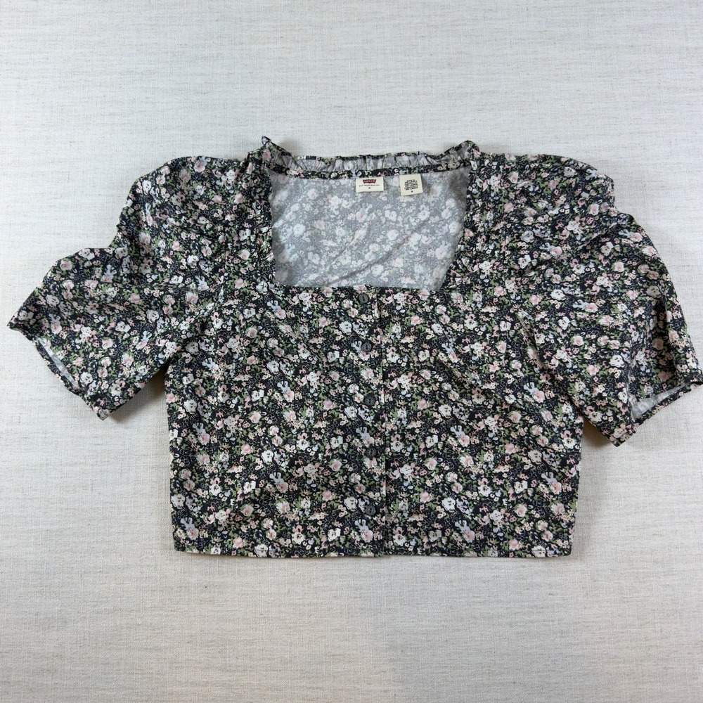 Levis Womens Floral Crop Top Square Neck Ruffle Short Sleeve Button Front Blouse